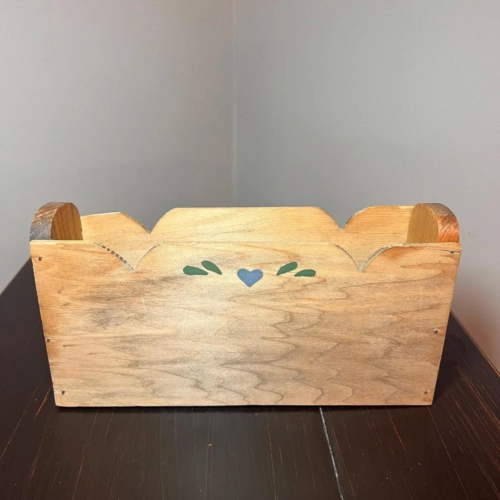 Wooden Napkin Holder Rustic Farmhouse Mail Organizer Country Blue Heart Folk Art